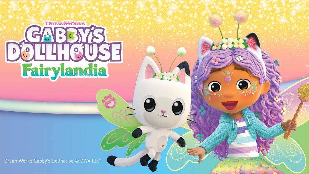 Promotional Image for Gabby's Dollhouse: Fairylandia Featuring a White Winged Cat and a Girl with Lavender Hair in a Bright, Pastel Scene.