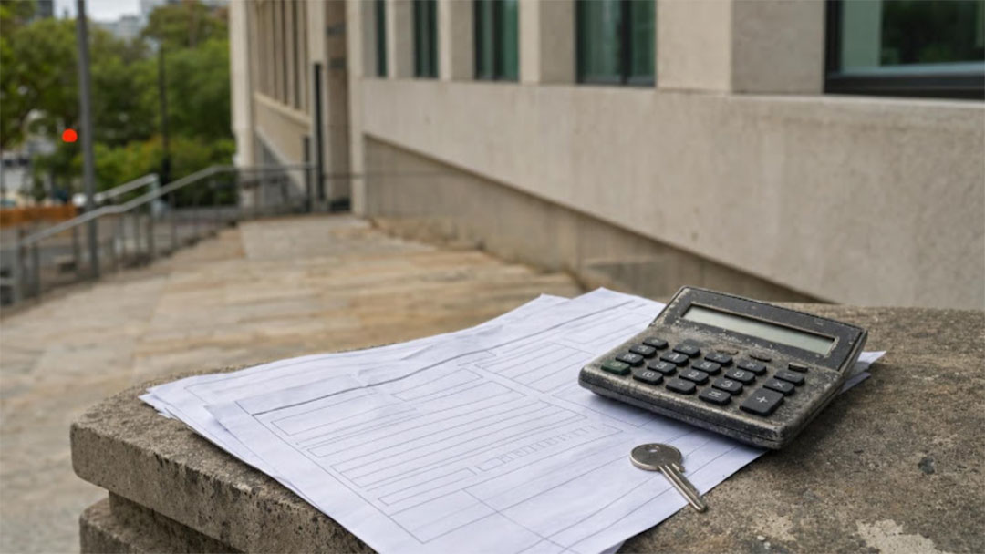 Broker-brisbane1 | Kids in Brisbane, Gold Coast, Sunshine Coast | Kotc Contract for Purchasing in Brisbane Outside a Property with a Calculator and a Key