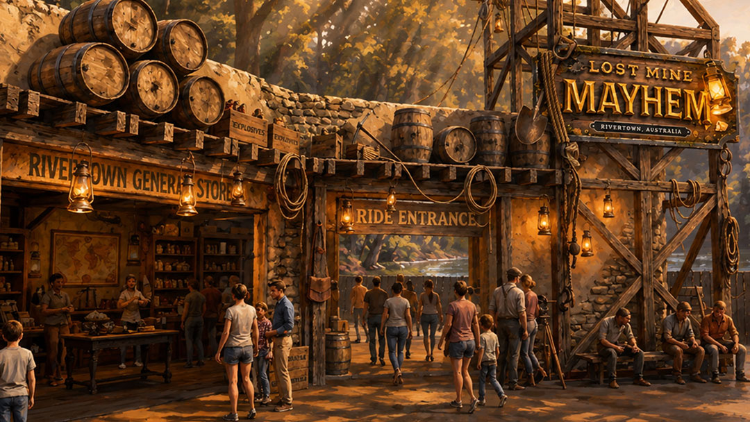 Dreamworld-lost-mine-mayhem-entry | Kids in Brisbane, Gold Coast, Sunshine Coast | Kotc Artist Impression of New Ride at Dreamworld - Lost Mines Mayhem