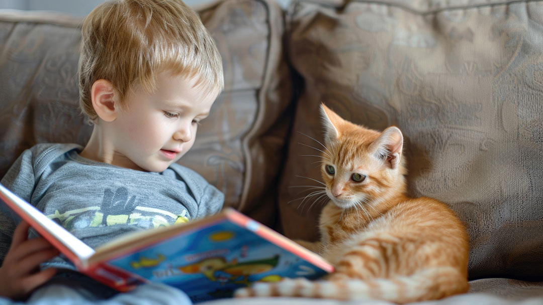Little Boy Sitting Reading a Book to His Cat