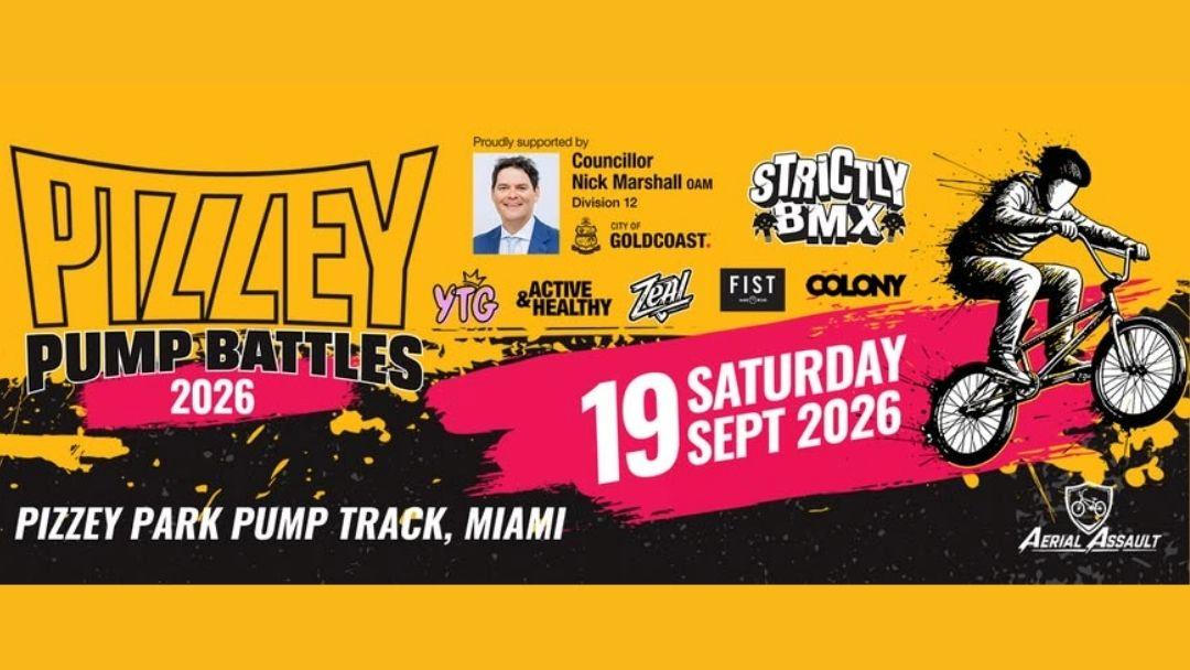 0901_cityofgoldcoast_pizzeypumpbattles_hero | Kids in Brisbane, Gold Coast, Sunshine Coast | Kotc Bright Bike Event Banner: Pizzey Pump Battles 2026 at Pizzey Park Pump Track, Miami, on Saturday 19 Sept 2026, with Cyclist Illustration and Sponsor Logos