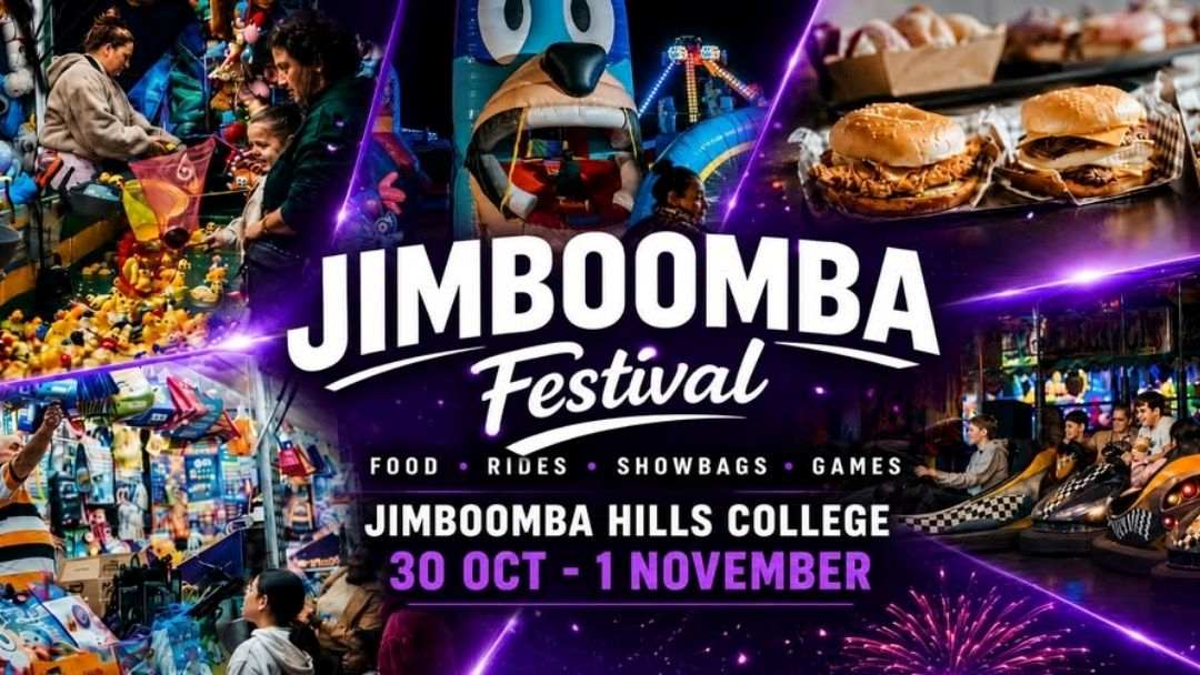 Festival Poster for Jimboomba Festival Featuring Food, Rides, Showbags and Games at Jimboomba Hills College, Oct 30–nov 1.