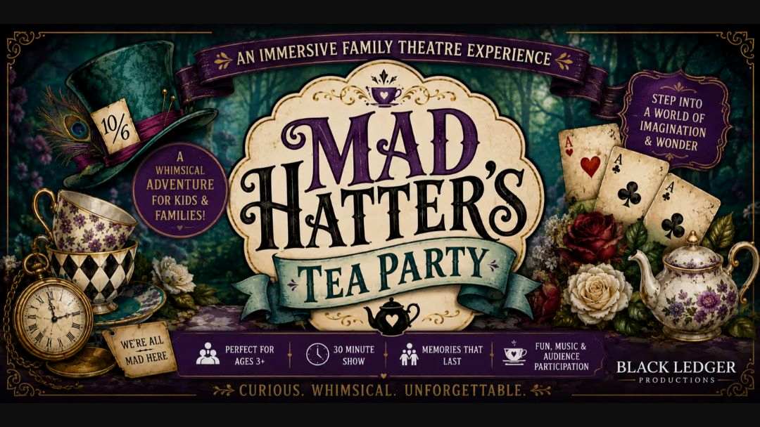 0908_blackledger_madhattersteaparty_hero | Kids in Brisbane, Gold Coast, Sunshine Coast | Kotc Poster Advertising Mad Hatter's Tea Party with Ornate Central Logo and Tea-themed Illustrations (teapots, Teacups, Roses).