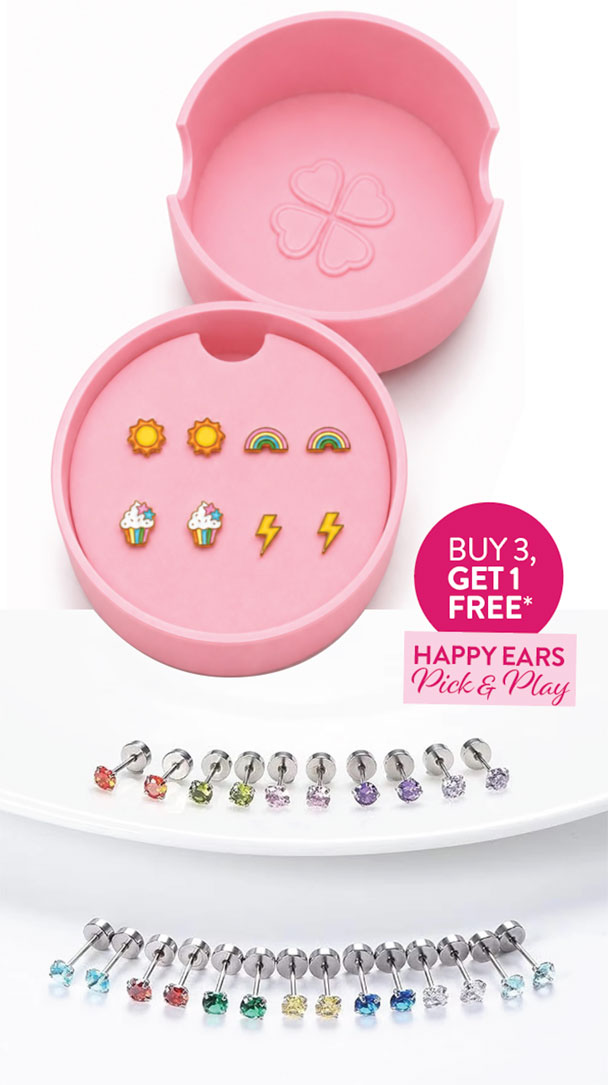 Cto-baby-jewels | Kids in Brisbane, Gold Coast, Sunshine Coast | Kotc Open Pink Round Jewelry Box Displaying Colorful Enamel Stud Earrings (sun, Rainbow, Cupcakes, Lightning) and Crystal Studs on a White Plate.