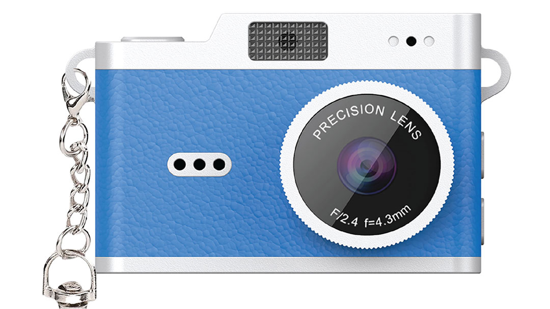 Cto-camera | Kids in Brisbane, Gold Coast, Sunshine Coast | Kotc Blue Retro-style Camera with a Textured Blue Body, Silver Top, and Large Circular Lens Labeled Precision Lens; Silver Chain Strap Attached on the Side.