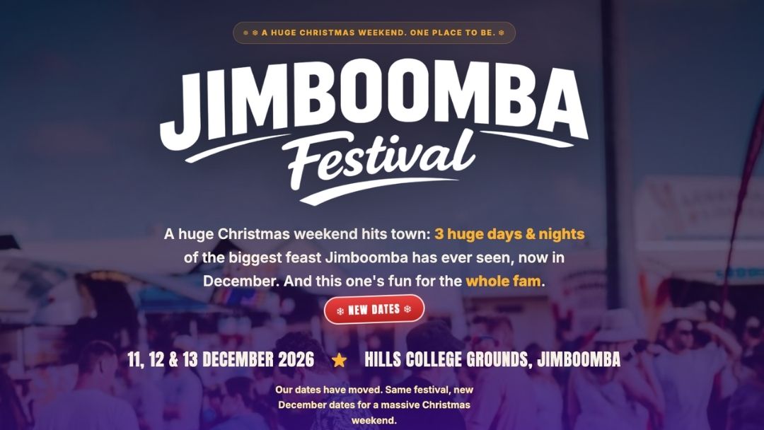 Jimboomba Festival poster: 11–13 December 2026 at Hills College Grounds, Jimboomba, with a 'New Dates' button.
