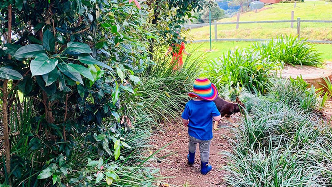 Child in a Blue Shirt and Rainbow Hat Walks Along a Garden Path with a Brown Dog Sniffing Nearby Among Tall Grasses and Plants.