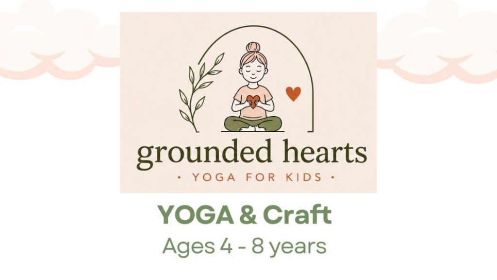 Grounded Hearts Logo: Child Meditating Inside an Arch with a Leaf and Heart, Text 'grounded Hearts' and 'yoga for Kids', Plus 'yoga & Craft Ages 4–8 Years'