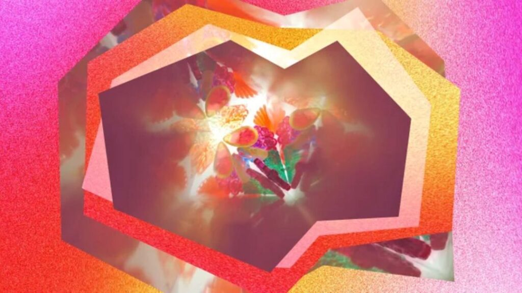 1004_hota_artlab_bleach_hero | Kids in Brisbane, Gold Coast, Sunshine Coast | Kotc Abstract Collage with Layered Pink and Orange Hexagonal Frames Around a Glowing Central Bouquet of Flowers.