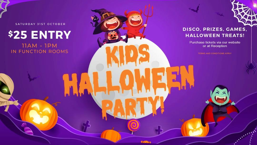 1005_aspleyhornets-halloween_hero | Kids in Brisbane, Gold Coast, Sunshine Coast | Kotc Poster Advertising a Kids' Halloween Party on a Purple Spooky Background with a White Moon, Pumpkins, Bats, and Cartoon Monsters; $25 Entry, 11amβ1pm.