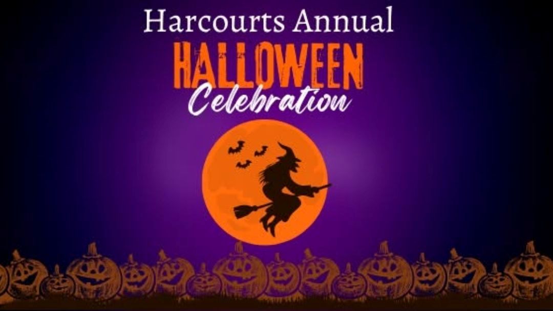 Event Poster for Harcourts Annual Halloween Celebration with a Witch on a Broom Against a Large Orange Moon and Row of Carved Pumpkins at the Bottom.