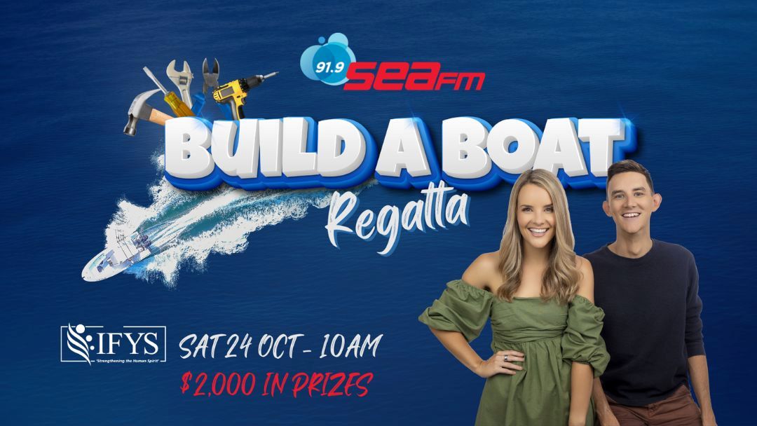Promotional Banner for Sea Fm's Build a Boat Regatta Featuring Two Smiling Hosts, a Speeding Boat Graphic, and Prize Text $2,000.