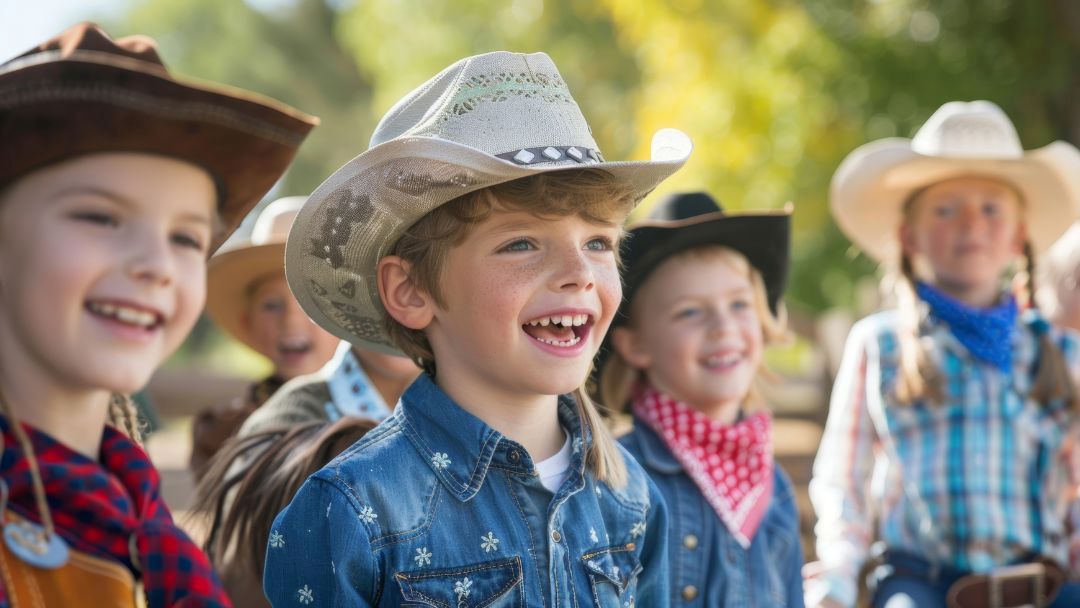 Group of Smiling Children Wearing Cowboy Hats and Denim Shirts Outdoors at a Sunny Park.