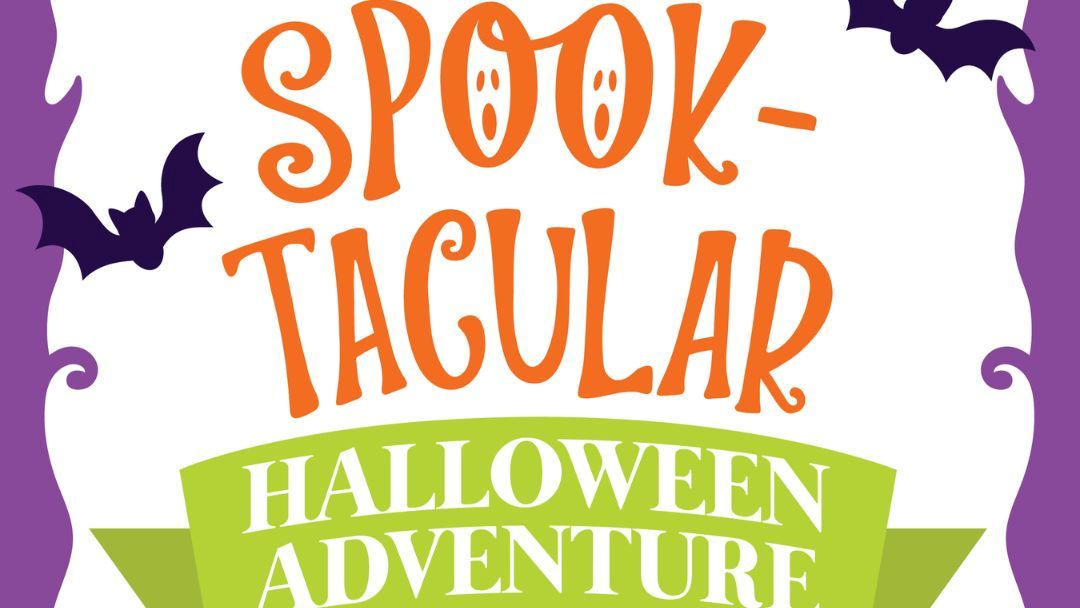 1012_pacificpines_halloween_hero | Kids in Brisbane, Gold Coast, Sunshine Coast | Kotc Promotional Poster for a Halloween Event Reading 'spook-tacular Halloween Adventure' with Orange Decorative Text and Purple Bats on a Purple Border.