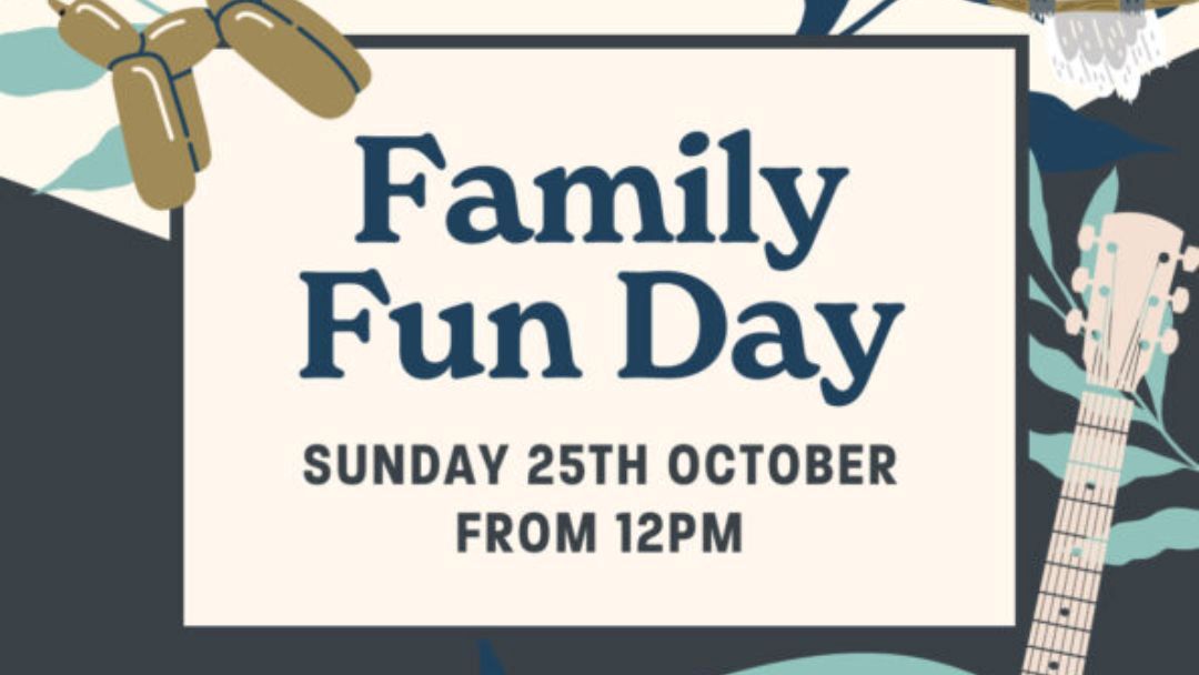 Family Fun Day Poster Announcing Sunday 25th October from 12pm with Guitar Illustrations.