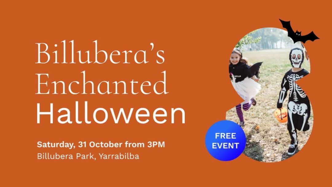1013_stocklandbillubera_halloween_hero | Kids in Brisbane, Gold Coast, Sunshine Coast | Kotc Promotional Poster for Billubera's Enchanted Halloween: Oct 31 at Billubera Park, Yarrabilba; Kids in Costumes with a Blue 'free Event' Badge on an Orange Background.