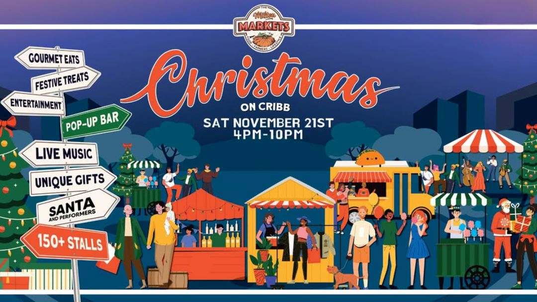 Colorful Night-market Illustration with Festive Stalls, Shoppers, and a Bold 'christmas' Banner Reading 'on Cribb'