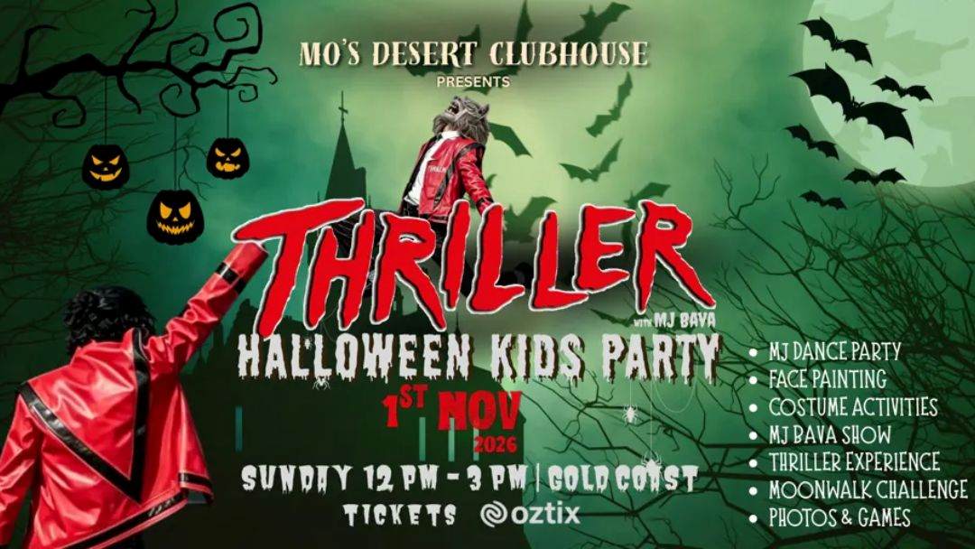 Green Halloween poster advertising 'Thriller Halloween Kids Party' with a red-clad figure, pumpkins and bats; date Nov 1, 2026, 12–3 PM, tickets via oztiX/oztiX.