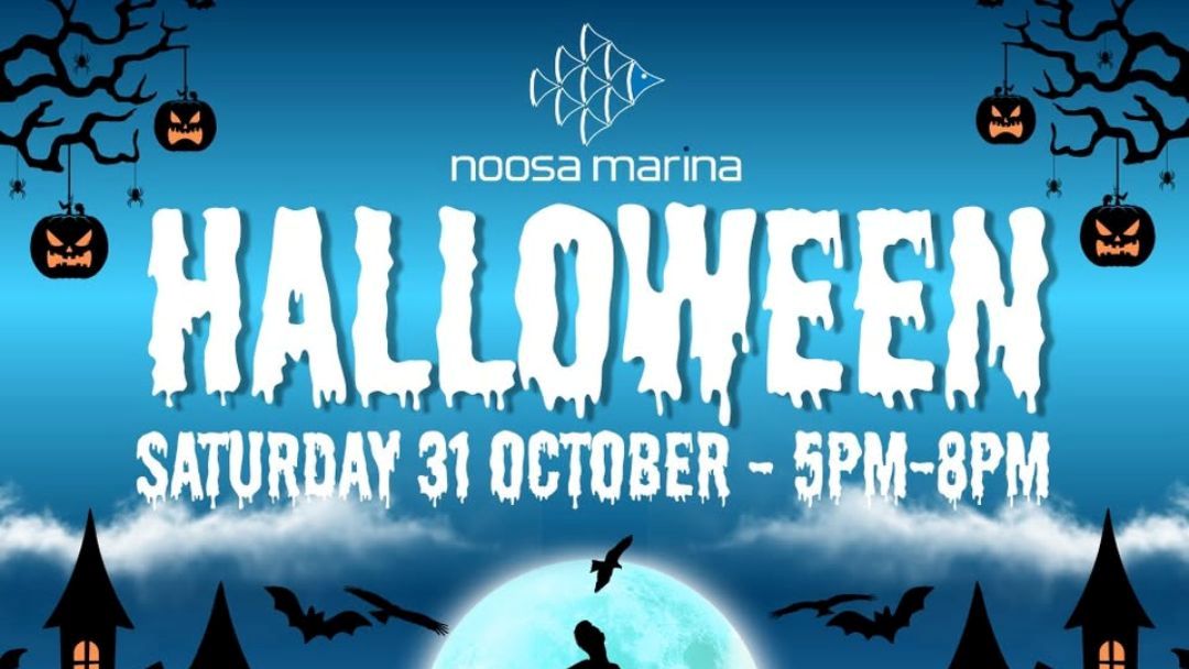 Noosa Marina Halloween Event Poster with Large Frosty 'halloween' Text, Date Oct 31, 5–8 Pm, Pumpkins and Bats.
