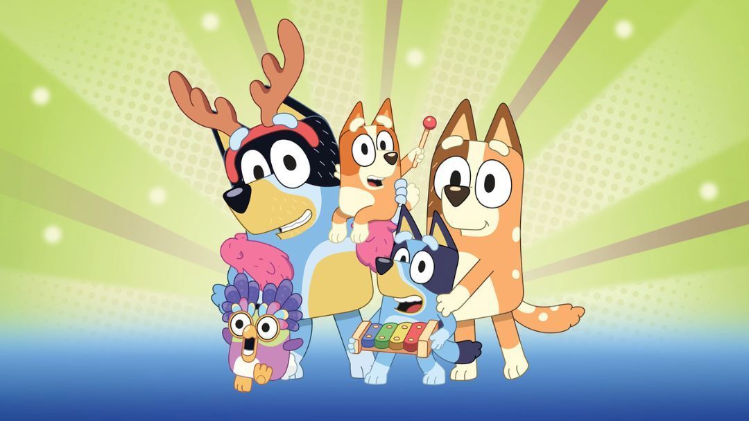 1015_qpac_bluey_hero | Kids in Brisbane, Gold Coast, Sunshine Coast | Kotc Group of Cheerful Cartoon Animals Posing Together Against a Bright Lime Background with a Blue Ground.
