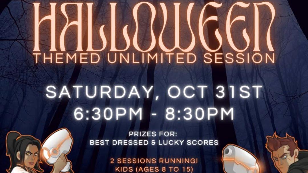 Halloween-themed unlimited session poster: Saturday Oct 31, 6:30–8:30 PM, two sessions; prizes for best dressed; kids 8–15.