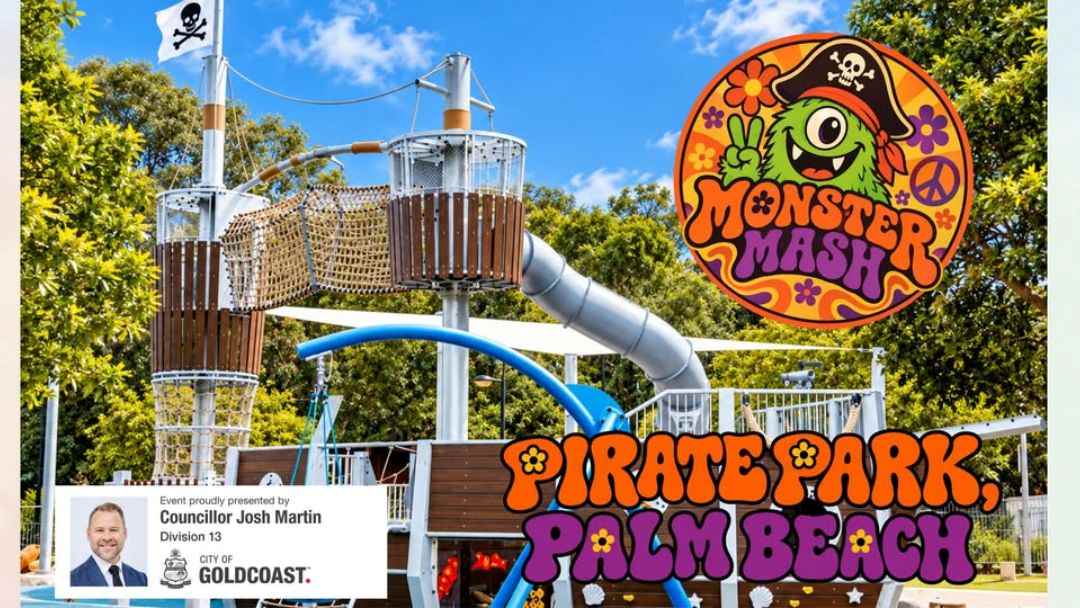 Pirate Park Palm Beach playground with water slides and a large colorful Monster Mash sign in a sunny park.