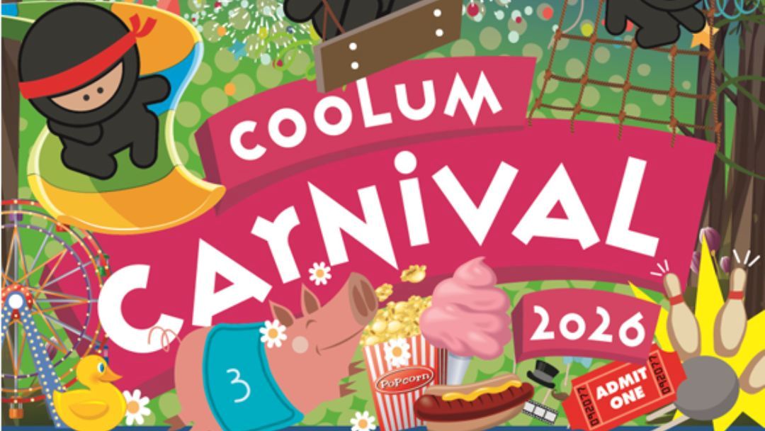 Vibrant Coolum Carnival 2016 Poster with Cartoon Characters, Rides, Popcorn, Cotton Candy, and an 'admit One' Ticket.