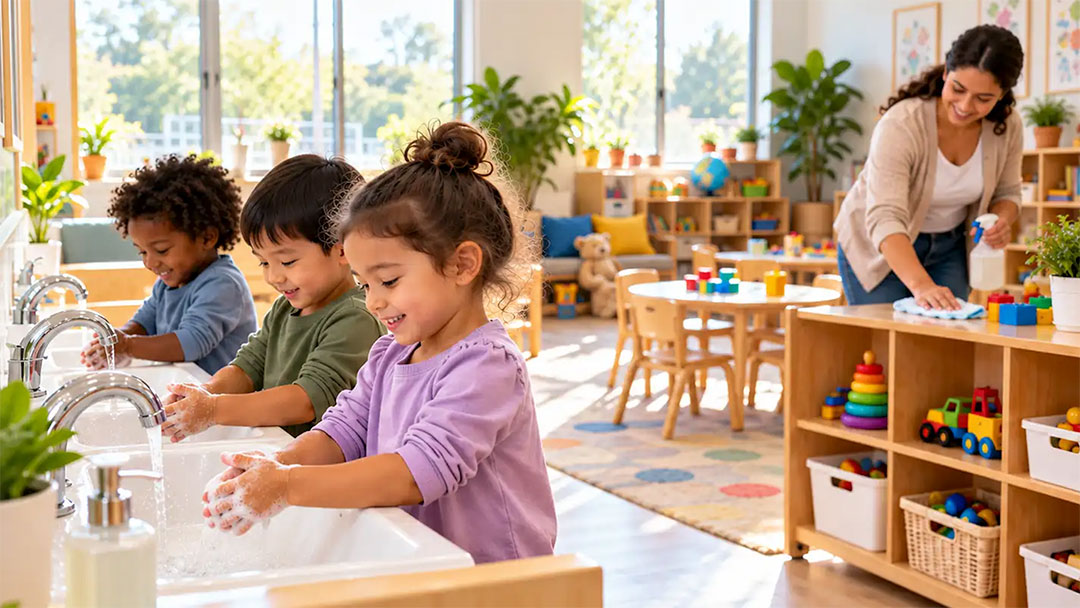 Children-handwashing-childcare | Kids in Brisbane, Gold Coast, Sunshine Coast | Kotc Children Washing Hands at a Row of Sinks in a Bright Classroom with Plants and Toys Nearby; a Teacher Cleans a Table in the Background.