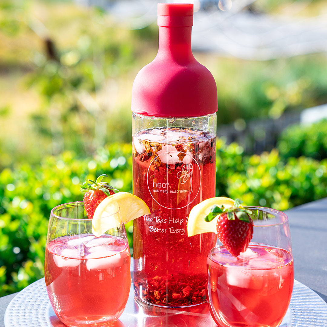 Neo Tea Bottle and Iced Fruit Tea in Glasses