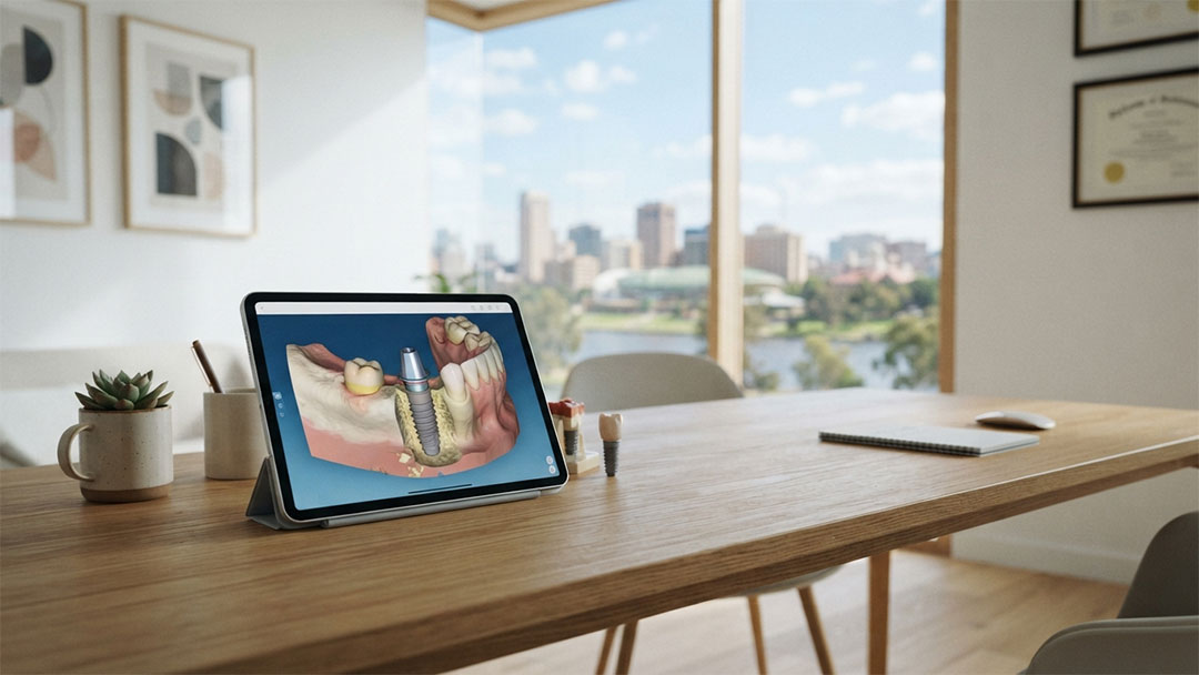 Dental-implants-1 | Kids in Brisbane, Gold Coast, Sunshine Coast | Kotc Computer Screen Showing Image of Dental Implants on an Office Desk