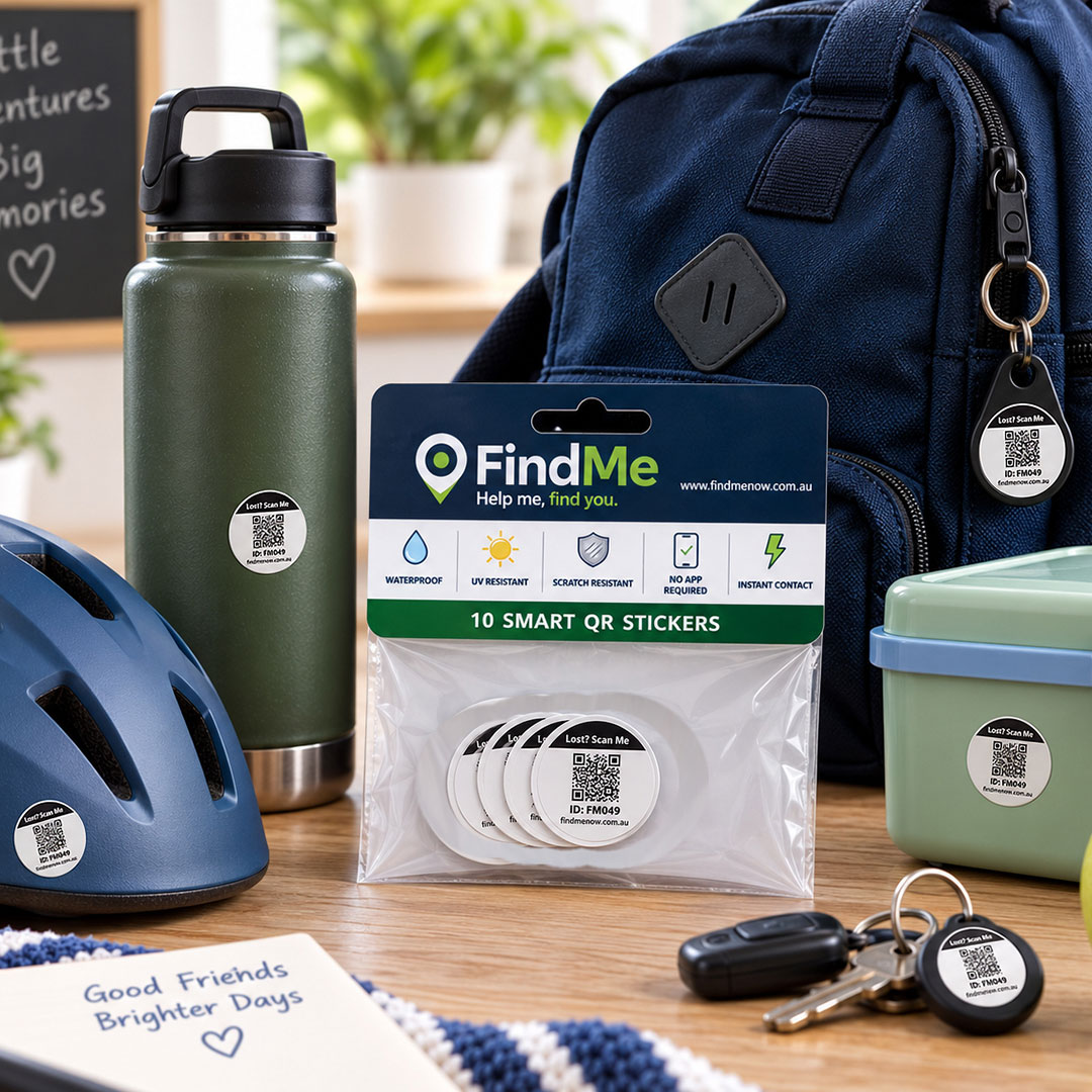 Findme Qr Sticker Pack and School Items with Stickers Attached.