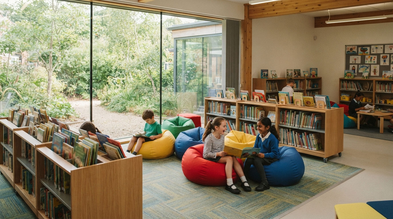 Children in a School Environment on Beanbags