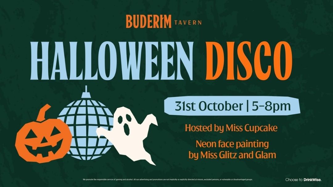 Halloween Disco Poster for Buderim Tavern with a Pumpkin and Ghost Graphic; Date 31 October, 5–8pm; Hosted by Miss Cupcake.