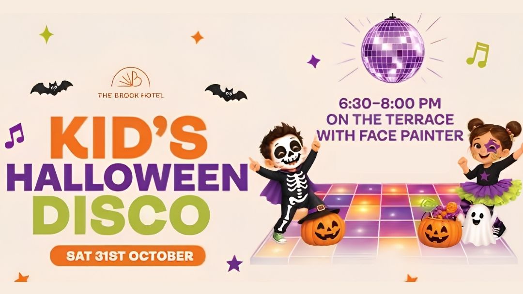 Colorful poster advertising a Kid's Halloween Disco: a dancing skeleton and costumed kids on a glowing checkered dance floor with pumpkins, bats, and a purple disco ball; bold text reads "KID'S HALLOWEEN DISCO" and shows event time "6:30-8:00 PM on the terrace" with face painter, and date "Sat 31st October".