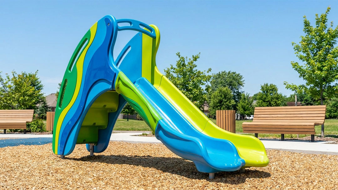 Colorful Plastic Kids Slide in a Park with Benches and Trees Beyond.