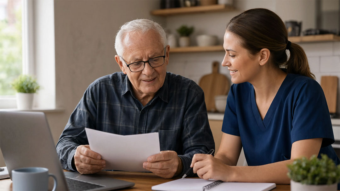 Self-managed-home-care1 | Kids in Brisbane, Gold Coast, Sunshine Coast | Kotc Older Man with Glasses and a Caregiver Review a Self-managed Home Care Document Together at a Home Kitchen Table.