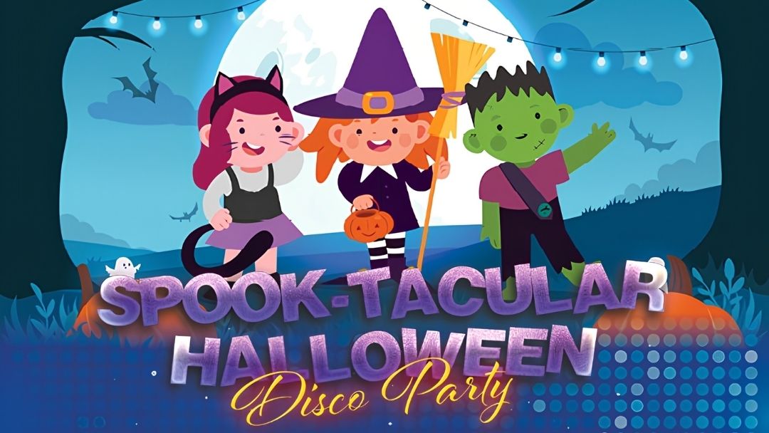 Spook-tacular Halloween Disco Party Poster with Three Costumed Kids—a Cat, a Witch, and Frankenstein—standing Under String Lights.