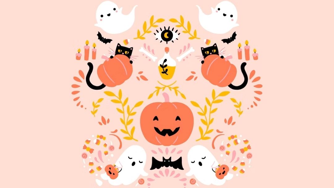 Trick or Treat at Sunshine Plaza | Kids in Brisbane, Gold Coast, Sunshine Coast | Kotc Decorative Halloween Illustration with a Central Jack-o'-lantern, White Ghosts, and Black Cats, Surrounded by Candles, Bats, and Orange Leaves on a Pink Background.