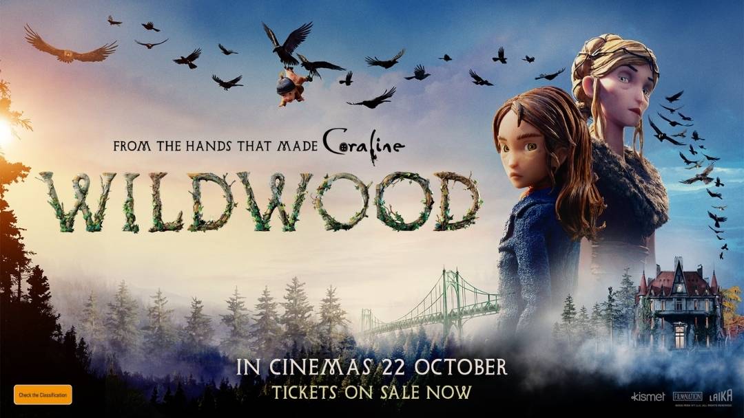 Wildwood 2026 Movie Poster Featuring Prue and a Mysterious Forest Character Surrounded by Flying Crows, Promoting Laika's stop-motion animated film in Australian cinemas from 22 October.